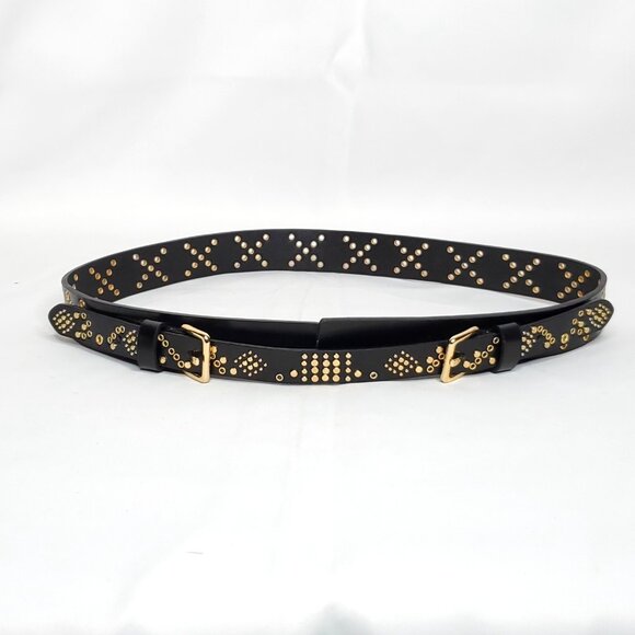 Rebecca Minkoff Leather Belt M Double Buckle Studs Grommet Rivets Black Goldtone - Picture 1 of 5